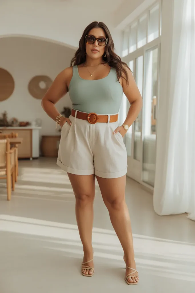 Plus Size Belted Shorts and Tank Bodysuit Outfit