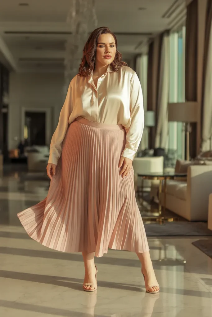 Plus Size Blush Pink Pleated Skirt and Silk Blouse Outfit