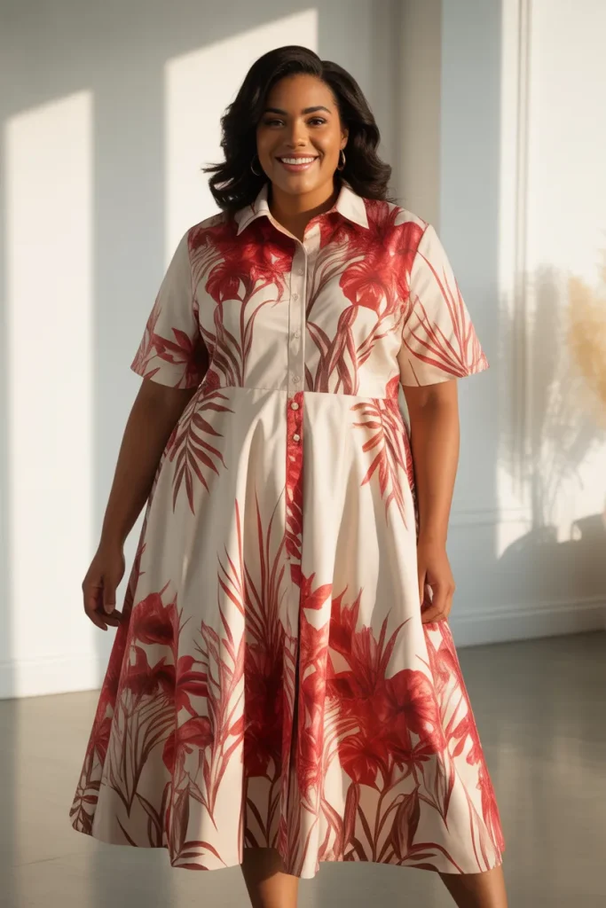 Plus Size Botanical Print Midi Shirt Dress Outfit