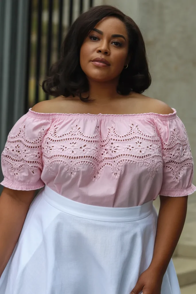 Plus Size Broderie Anglaise Off Shoulder Top With Midi Skirt Outfit