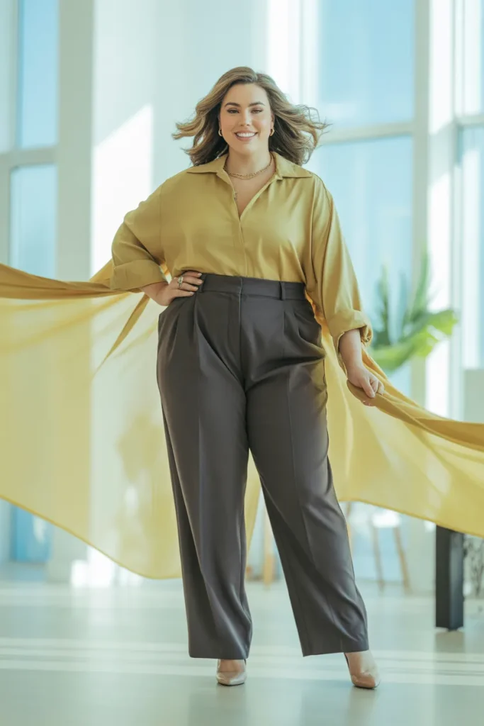 Plus Size Butter-Yellow Blouse with High-Waisted Trousers