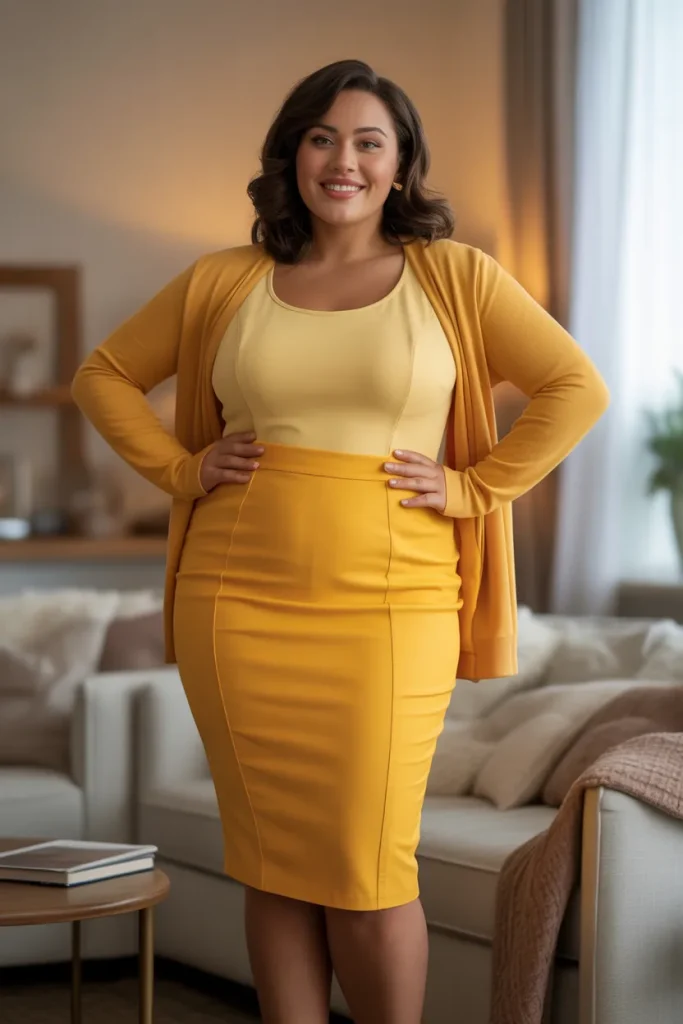 Plus Size Buttercup Yellow Pencil Skirt and Cardigan Set Outfit