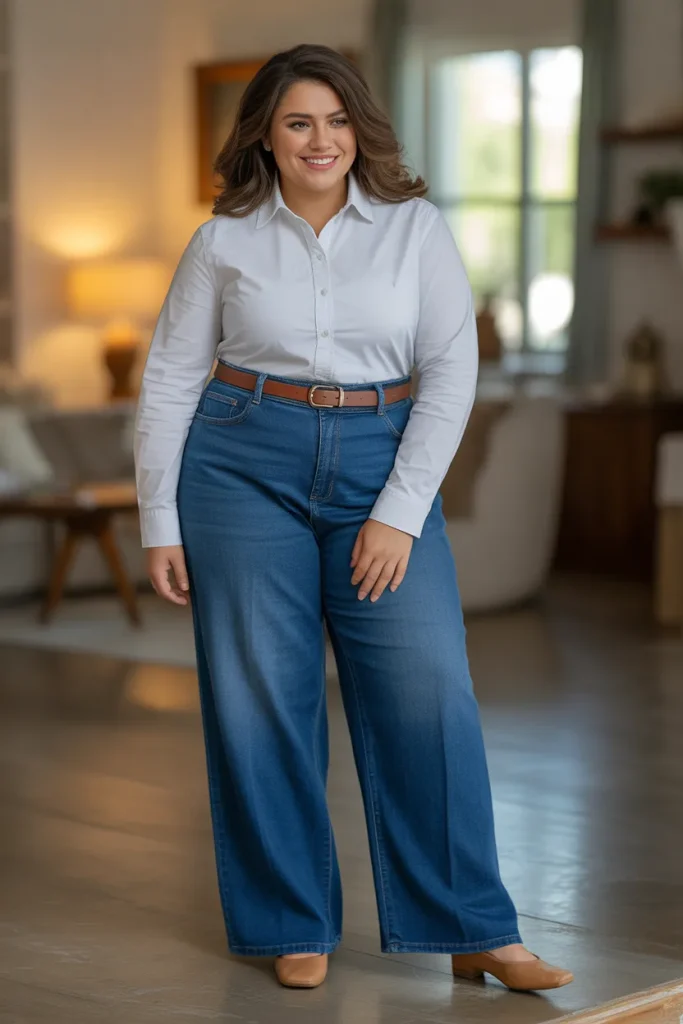 Plus Size Button Up Shirt and Wide Leg Jeans Outfit