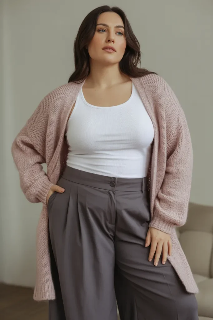 Plus Size Cable Knit Cardigan with Wide Leg Trousers Outfit
