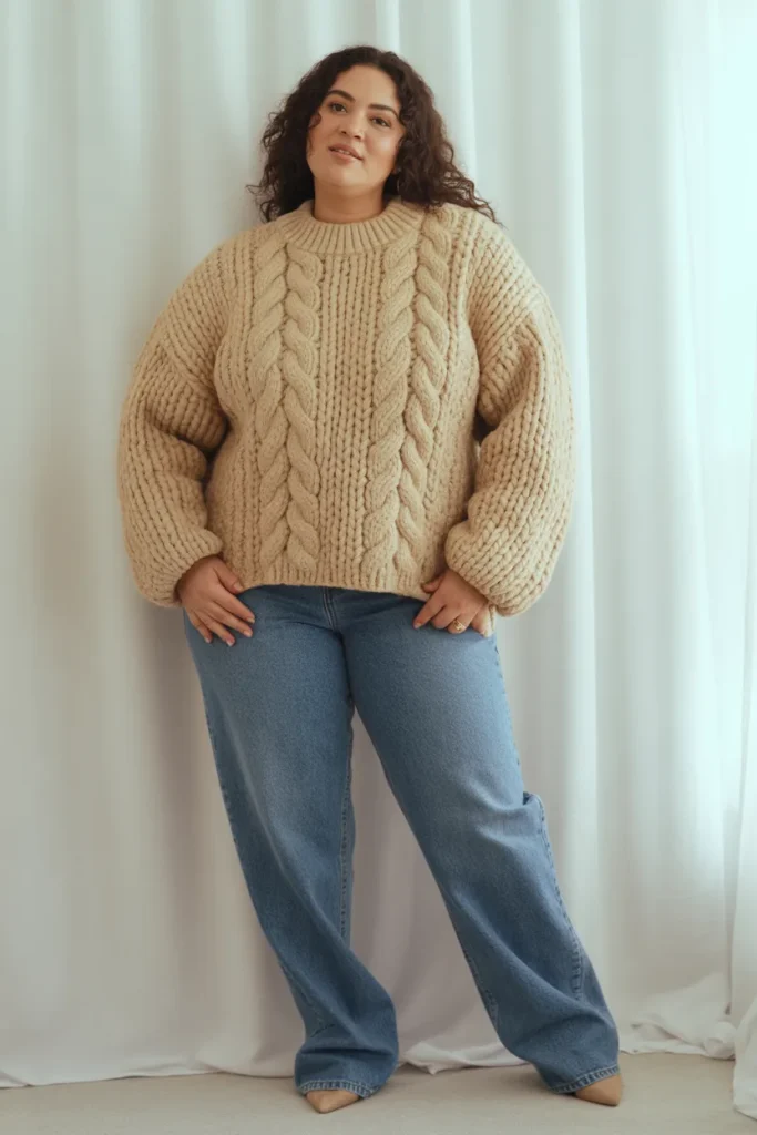 Plus Size Cable Knit Sweater with Barrel Leg Jeans Outfit