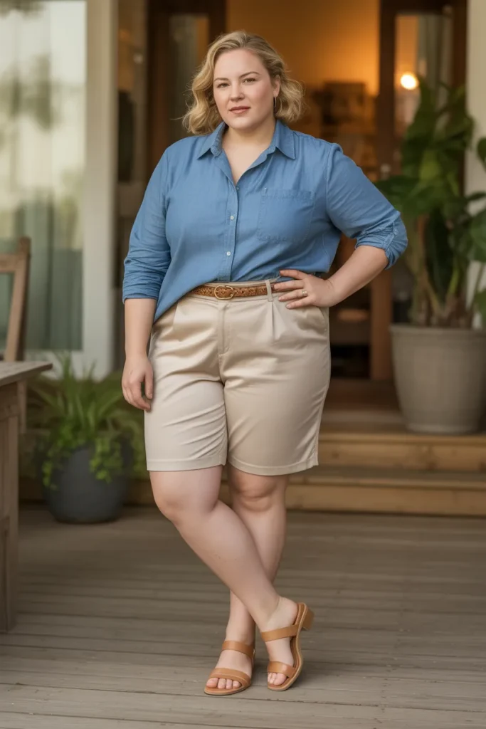 Plus Size Chambray Shirt and Bermuda Shorts Outfit
