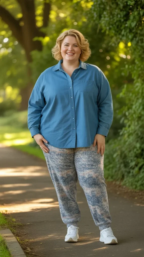 Plus Size Chambray Shirt with Printed Joggers Outfit