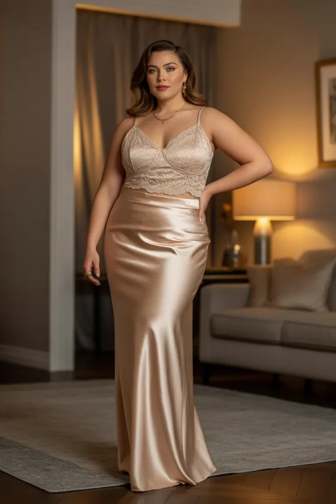 Plus Size Champagne Satin Column Skirt and Lace Top Outfit