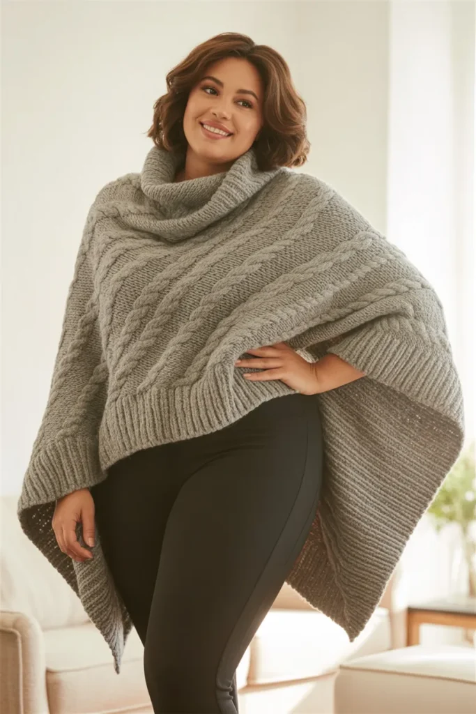 Plus Size Chunky Knit Poncho with Leggings Outfit