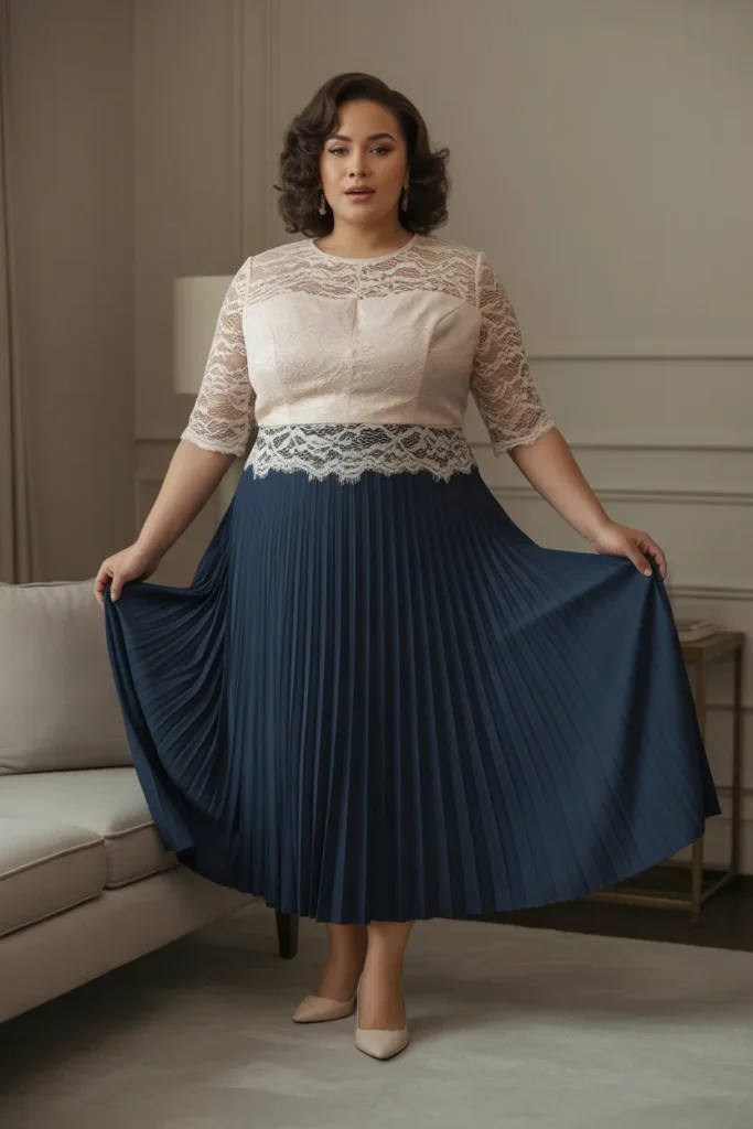Plus Size Church’s Pleated Lace Two-Piece Skirt Set