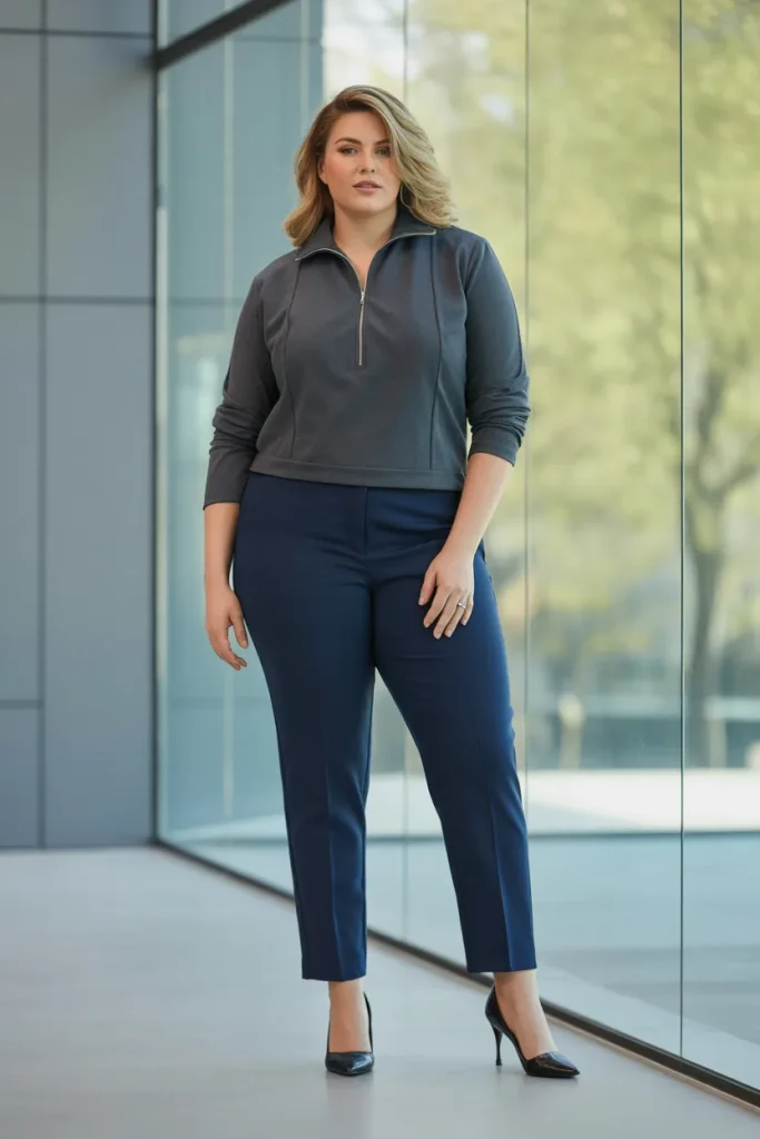 Plus Size Cigarette Pants with Quarter Zip Sweater Outfit