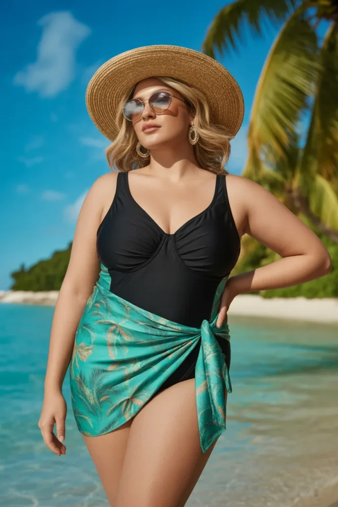 Plus Size Classic Black Swimsuit Paired With Printed Sarong