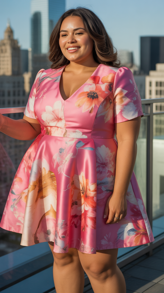 Plus Size Cocktail Wedding Party Pink Floral Mini Dress