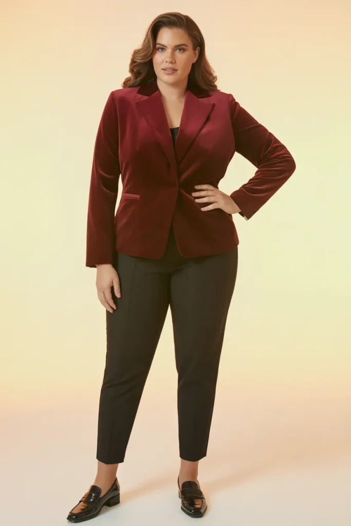 Plus Size Collarless Jacket with Cigarette Pants Outfit