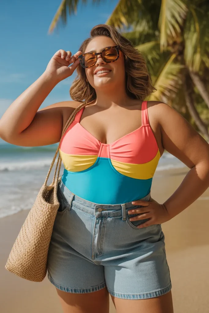 Plus Size Color Block Swimsuit With Denim Shorts Outfit