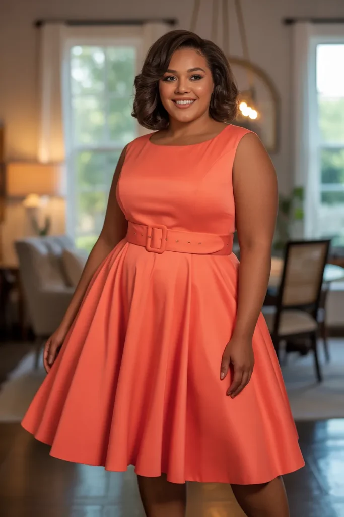 Plus Size Coral Fit and Flare Belted Dress Outfit