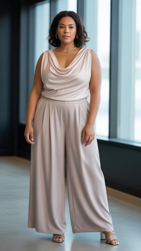 Plus Size Cowl Neck Top with Palazzo Pants Outfit