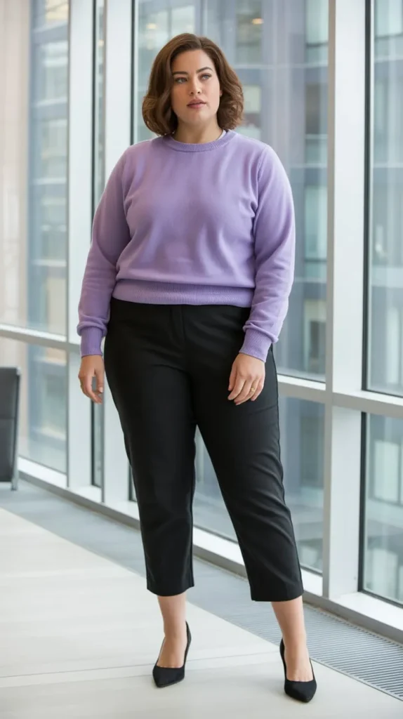 Plus Size Crewneck Sweater with Cropped Pants Outfit – Image Prompt