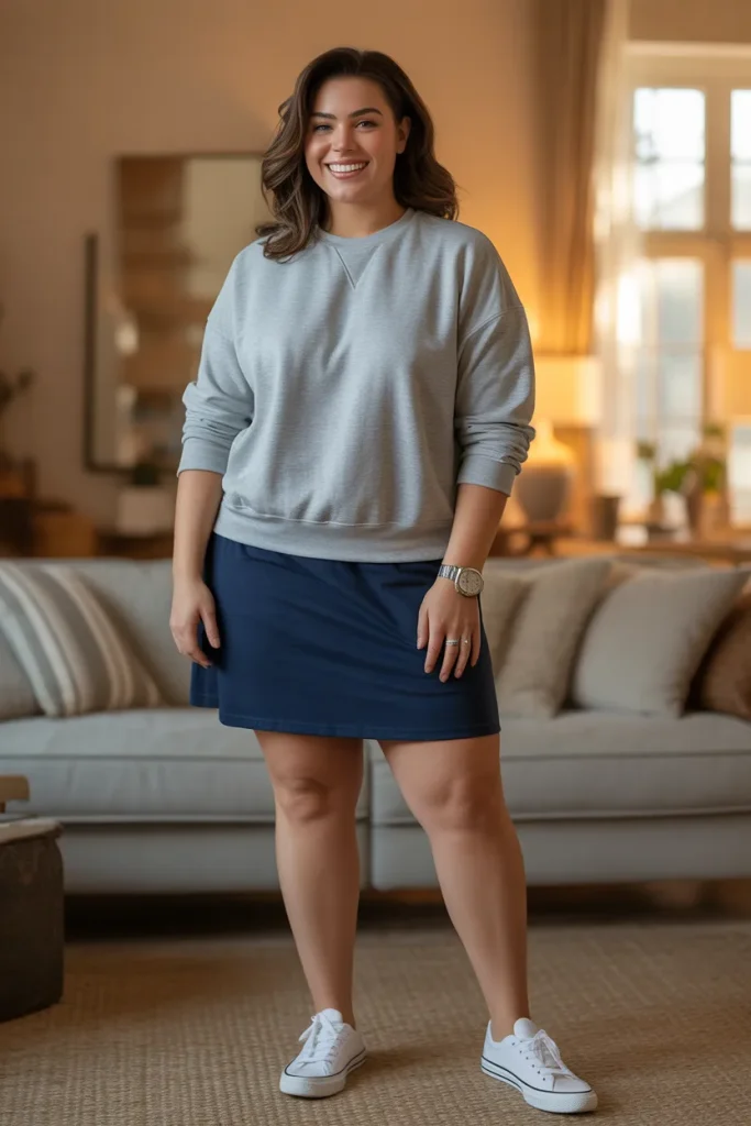 Plus Size Crewneck Sweatshirt and Skort Outfit