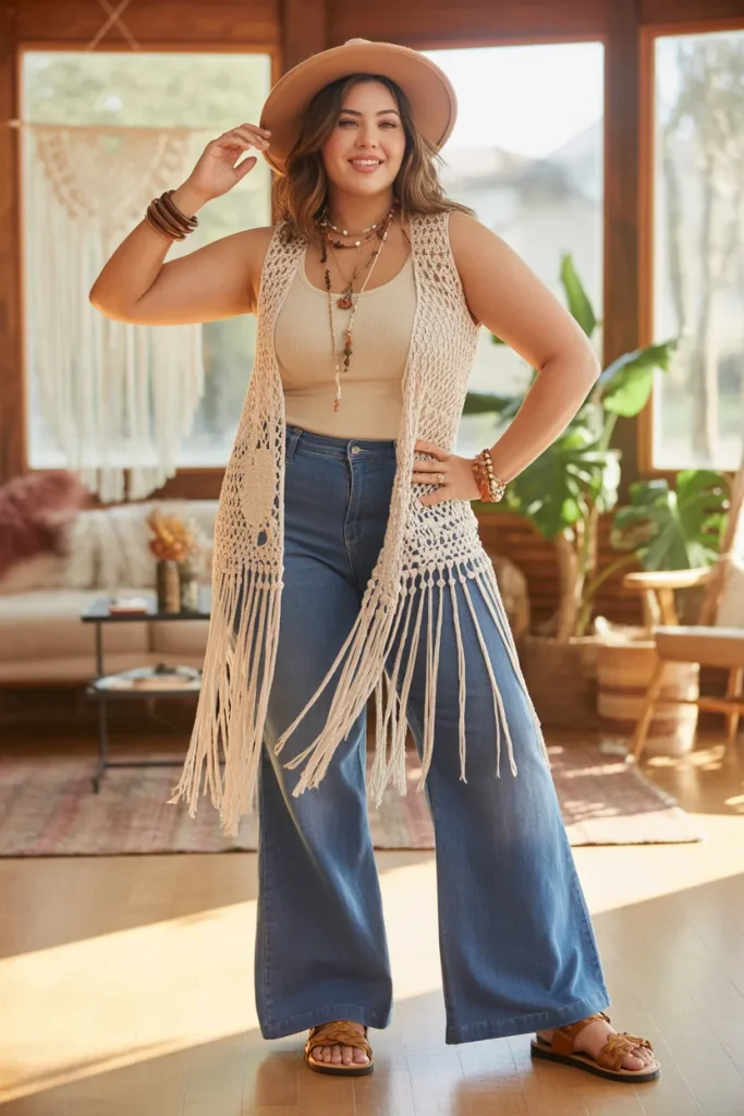 Plus Size Crochet Fringe Vest and Flared Jeans Hippie Spring Outfit