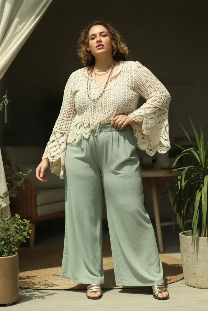 Plus Size Crochet Lace Bell Sleeve Blouse and Wide Leg Pants Hippie Spring Outfit