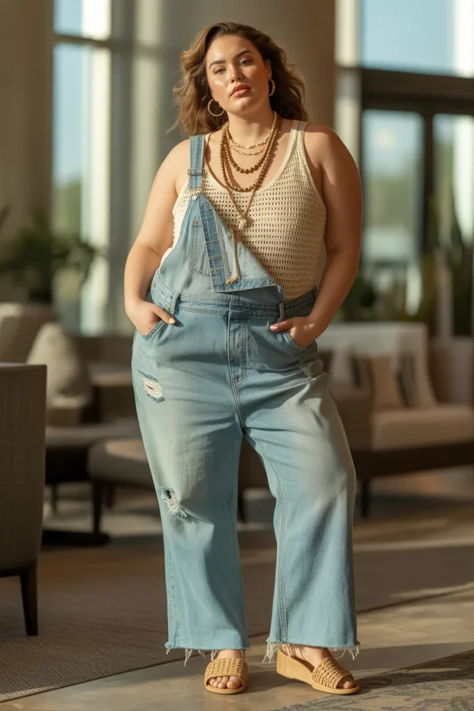 Plus Size Crochet Tank Top and Distressed Overalls Hippie Spring Outfit