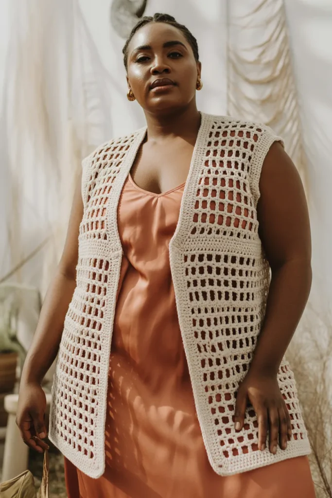 Plus Size Crochet Vest Over Slip Dress Outfit