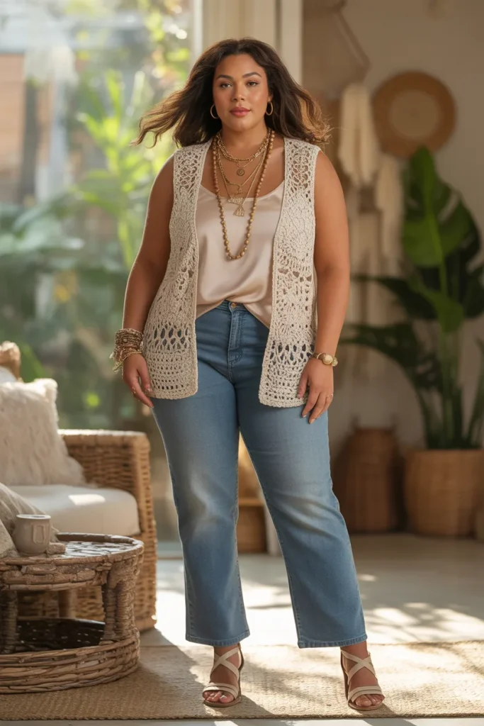 Plus Size Crochet Vest with Camisole and Jeans Outfit