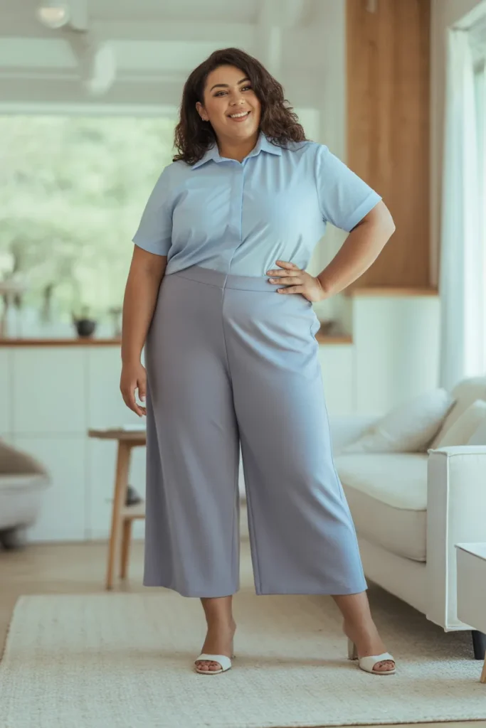 Plus Size Cropped Wide Leg Pants with Collared Shirt Outfit