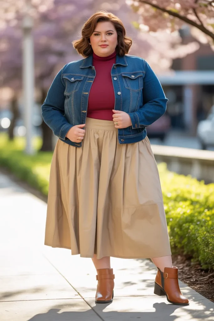 Plus Size Denim Jacket with Midi Skirt Outfit