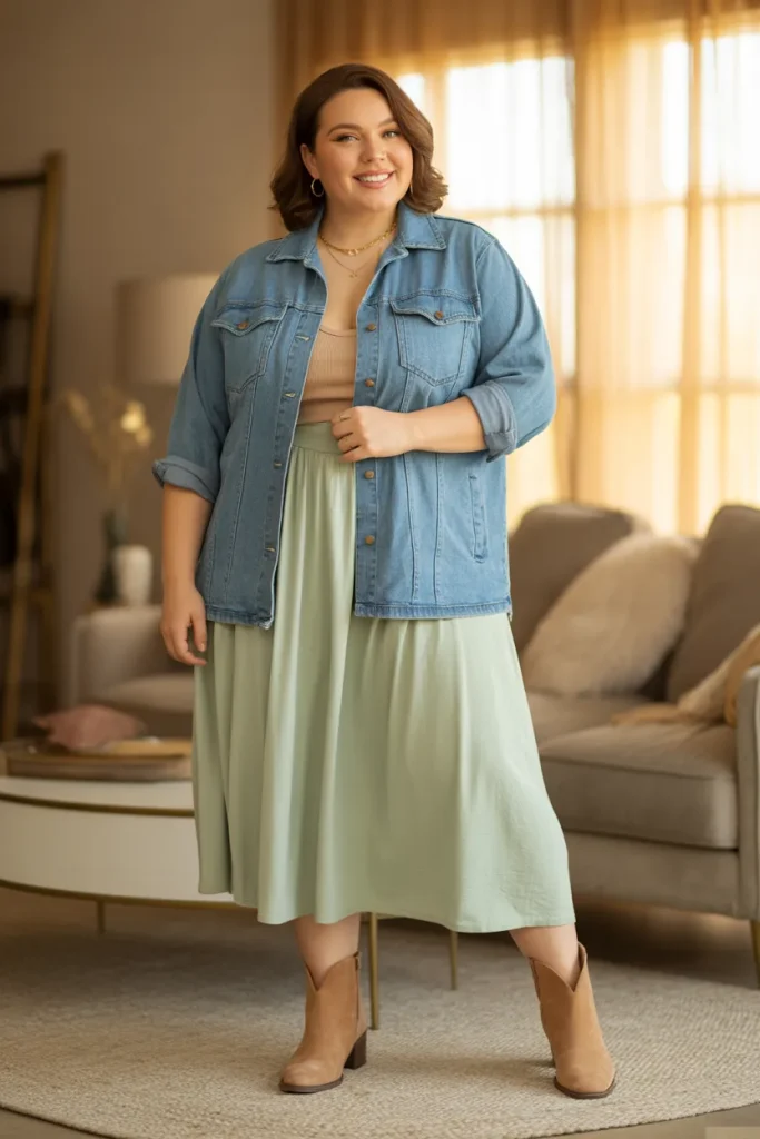 Plus Size Denim Shacket and Midi Skirt Outfit