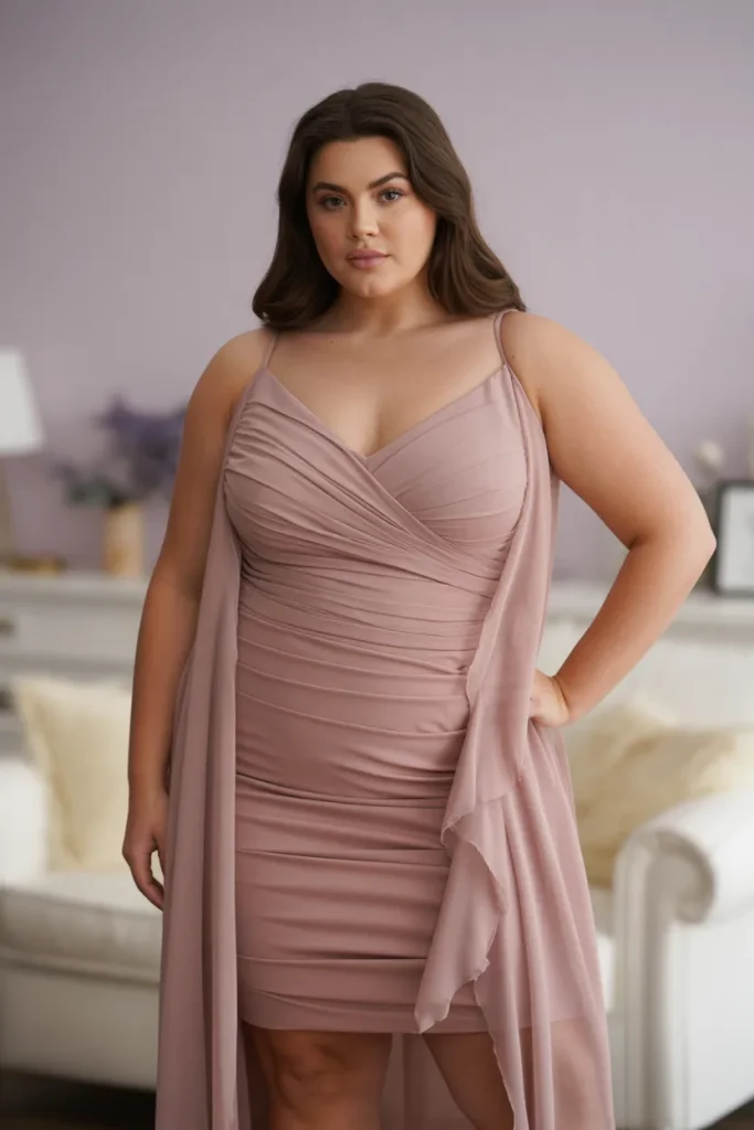 Plus Size Dusty Rose Ruched Bodice Dress with Chiffon Overlay Outfit