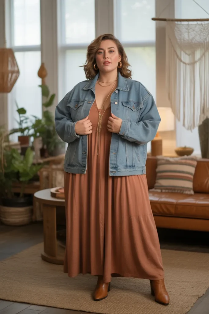 Plus Size Earthy Toned Maxi Dress with Denim Jacket