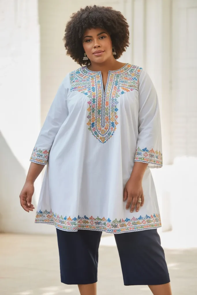 Plus Size Embroidered Cotton Tunic With Cropped Pants Outfit