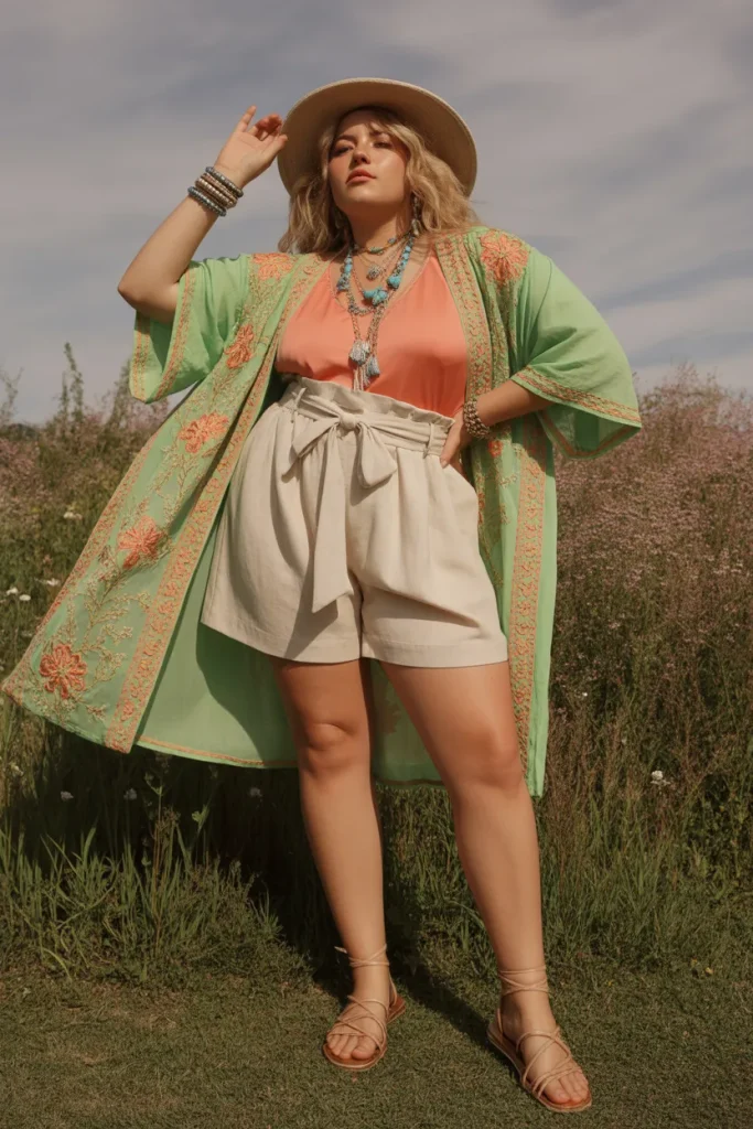 Plus Size Embroidered Kimono and Paperbag Shorts Hippie Spring Outfit
