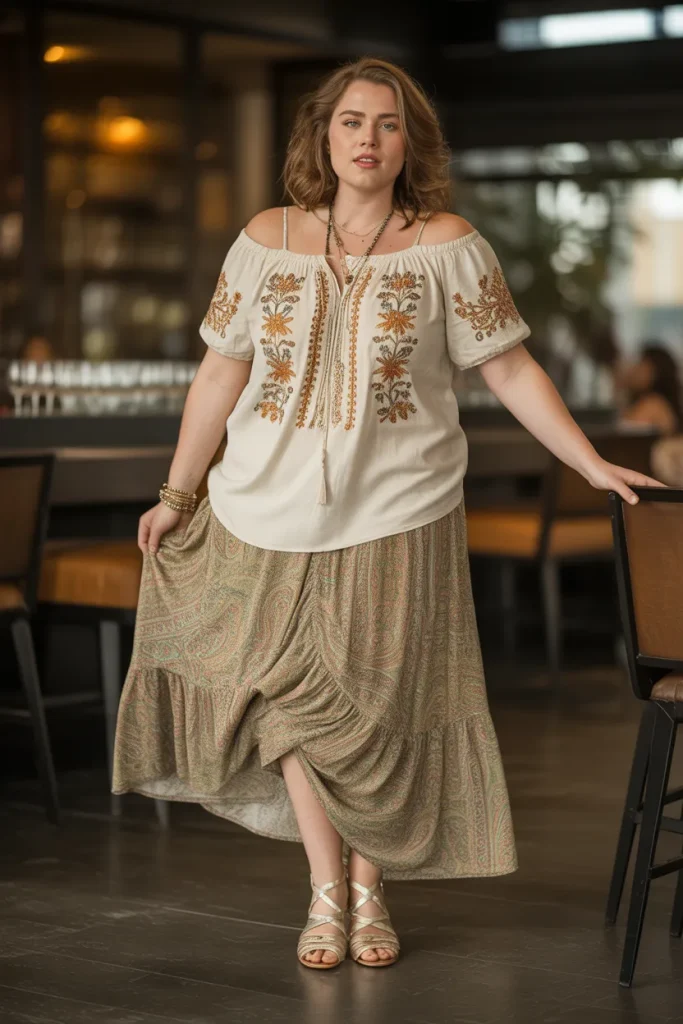 Plus Size Embroidered Peasant Blouse and Maxi Skirt Hippie Spring Outfit