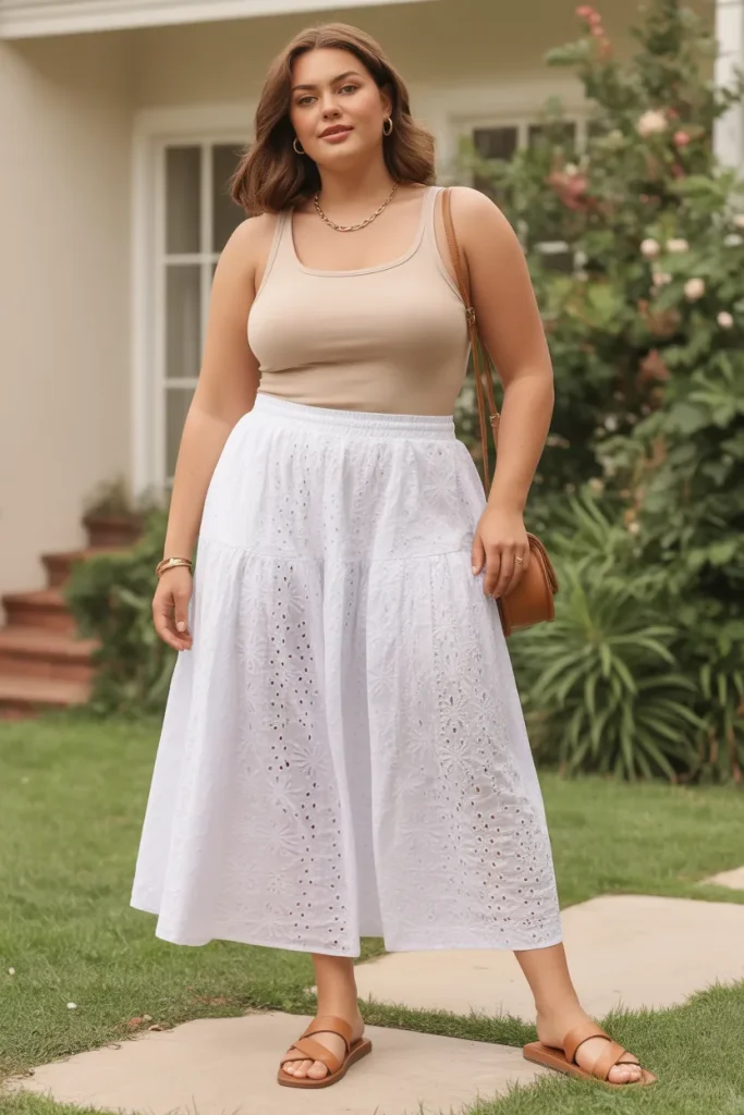 Plus Size Eyelet Cotton Skirt with Fitted Tank Top Outfit