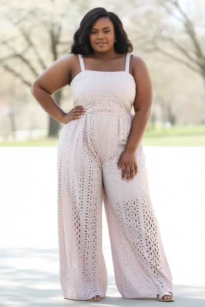 Plus Size Eyelet Lace Wide Leg Jumpsuit Outfit