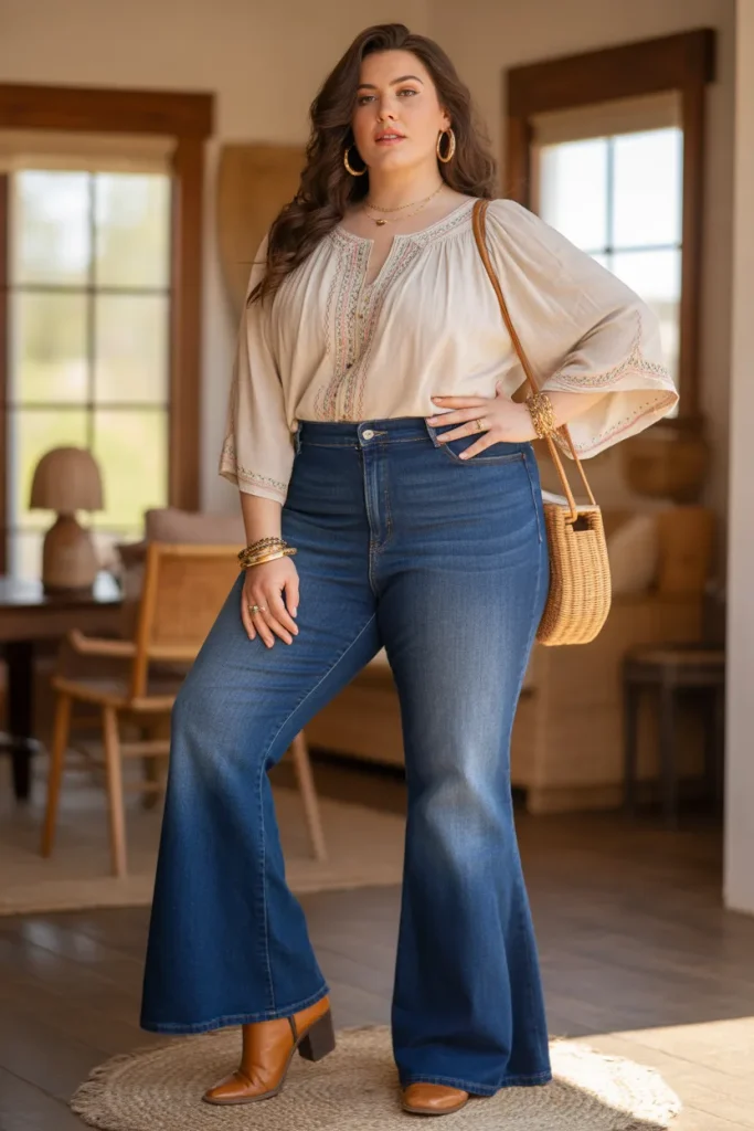 Plus Size Flared Jeans Paired with Peasant Tops