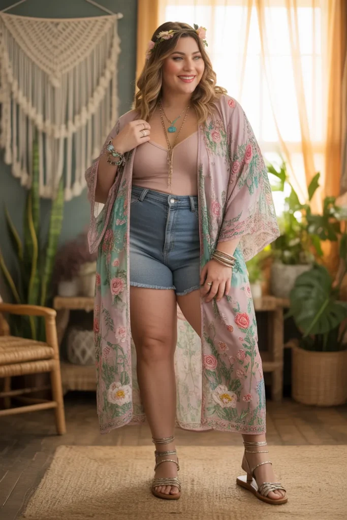 Plus Size Floral Embroidered Kimono and Denim Shorts Hippie Spring Outfit