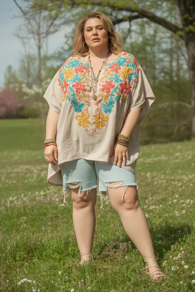 Plus Size Floral Embroidered Tunic and Distressed Shorts Hippie Spring Outfit