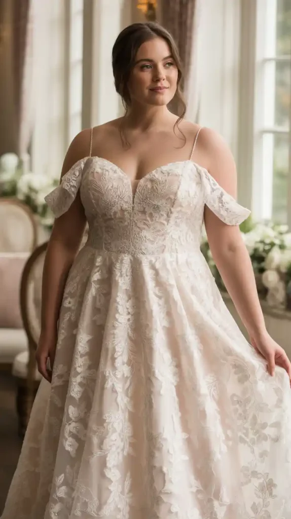 Plus Size Floral Lace Wedding Dress Celia with Detachable Straps