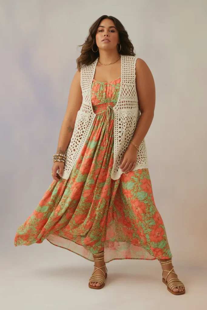 Plus Size Floral Maxi Dress with Crochet Vest Hippie Spring Outfit