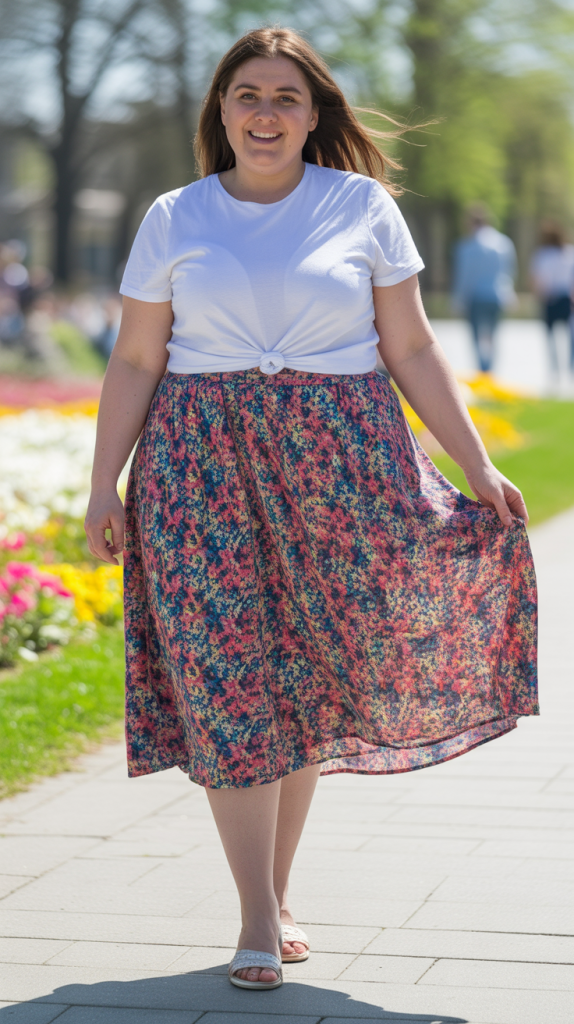 Plus Size Floral Midi Skirt with Tucked Tee Outfit