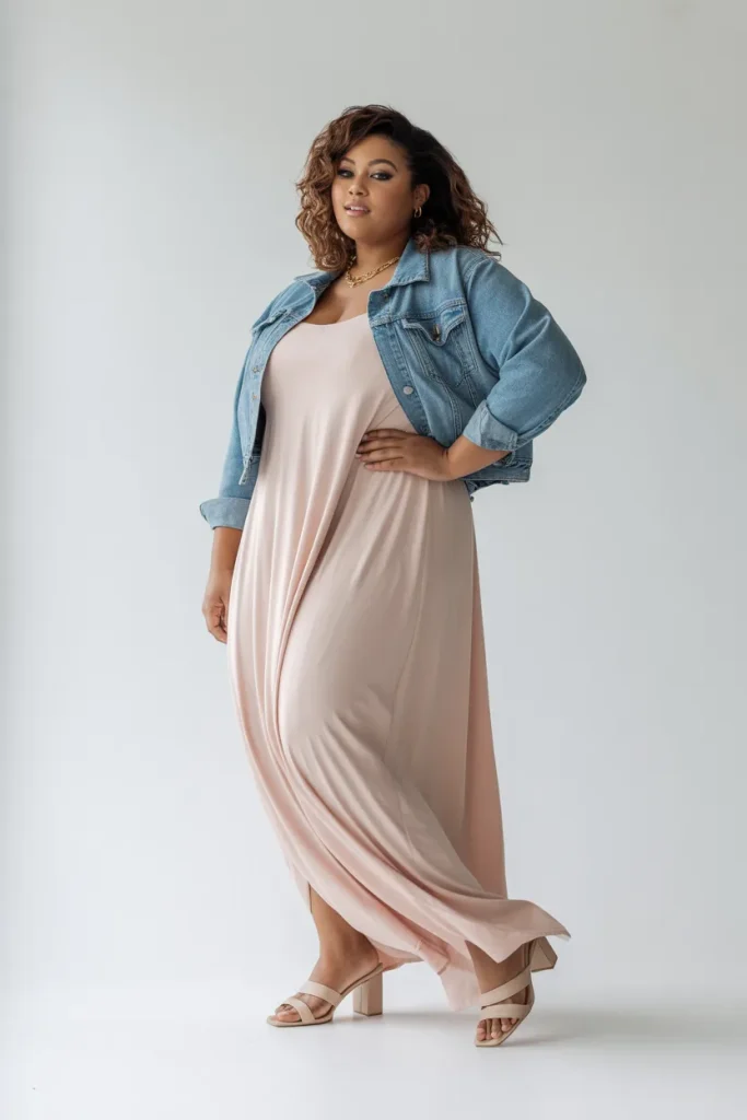 Plus Size Flowy Maxi Dress with Denim Jacket