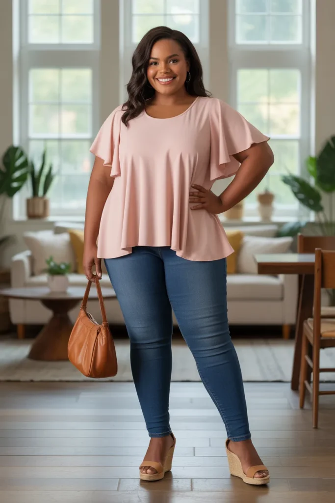 Plus Size Flutter Peplum Top with Jeans