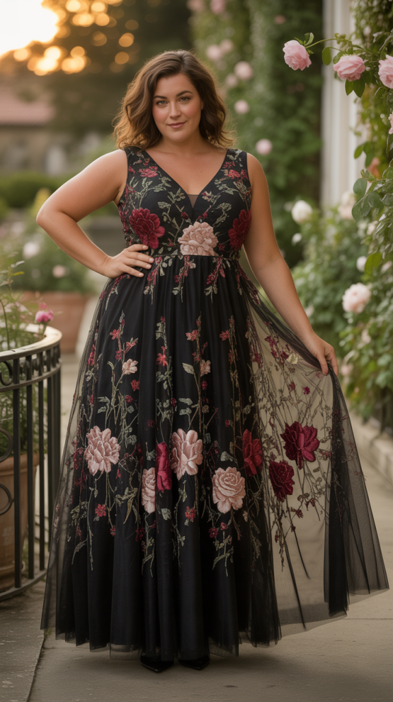 Plus Size Formal Black Floral V Neck Tulle Maxi Dress
