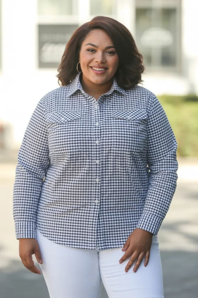 Plus Size Gingham Check Button Up With White Jeans Outfit