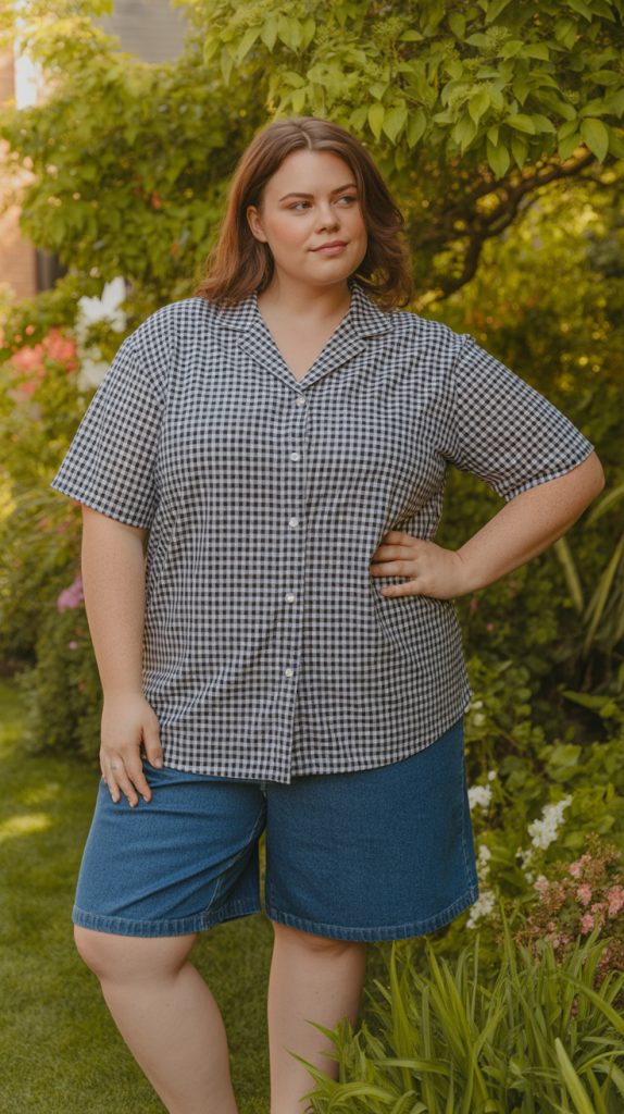 Plus Size Gingham Print Top with Denim Shorts Outfit