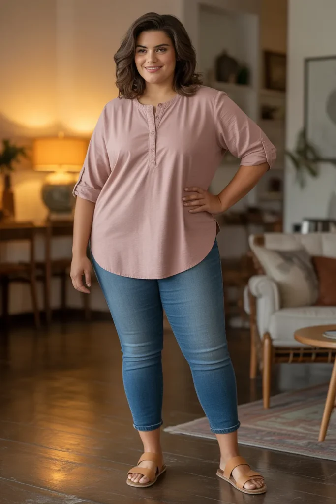 Plus Size Henley Shirt and Cropped Jeans Outfit